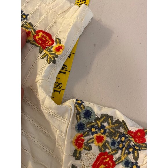 Rolee Cream Button-Down Dress Floral Embroidery Short Sleeves V-Neckline Medium - Picture 9 of 13